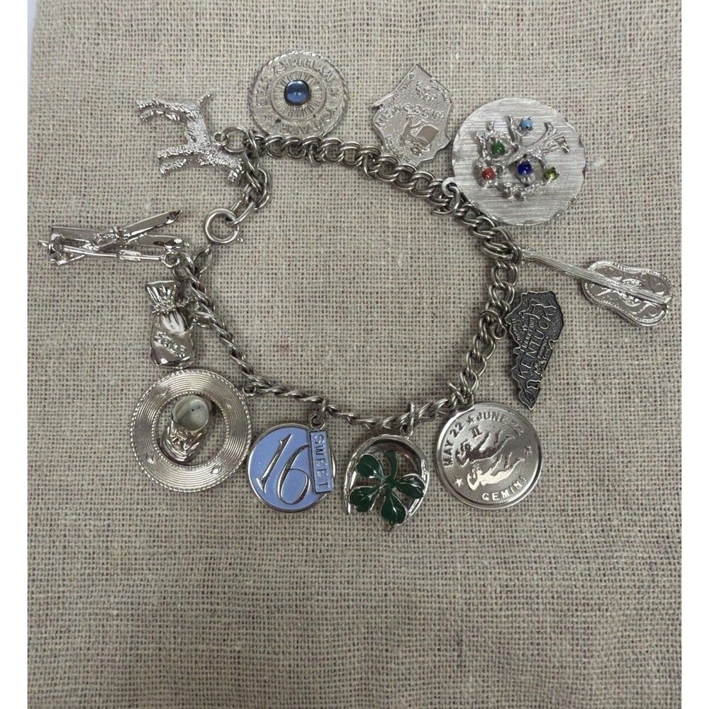 Vintage Women’s Sterling Silver Charm Bracelet 12 Charms 6.5 inches 37 Grams